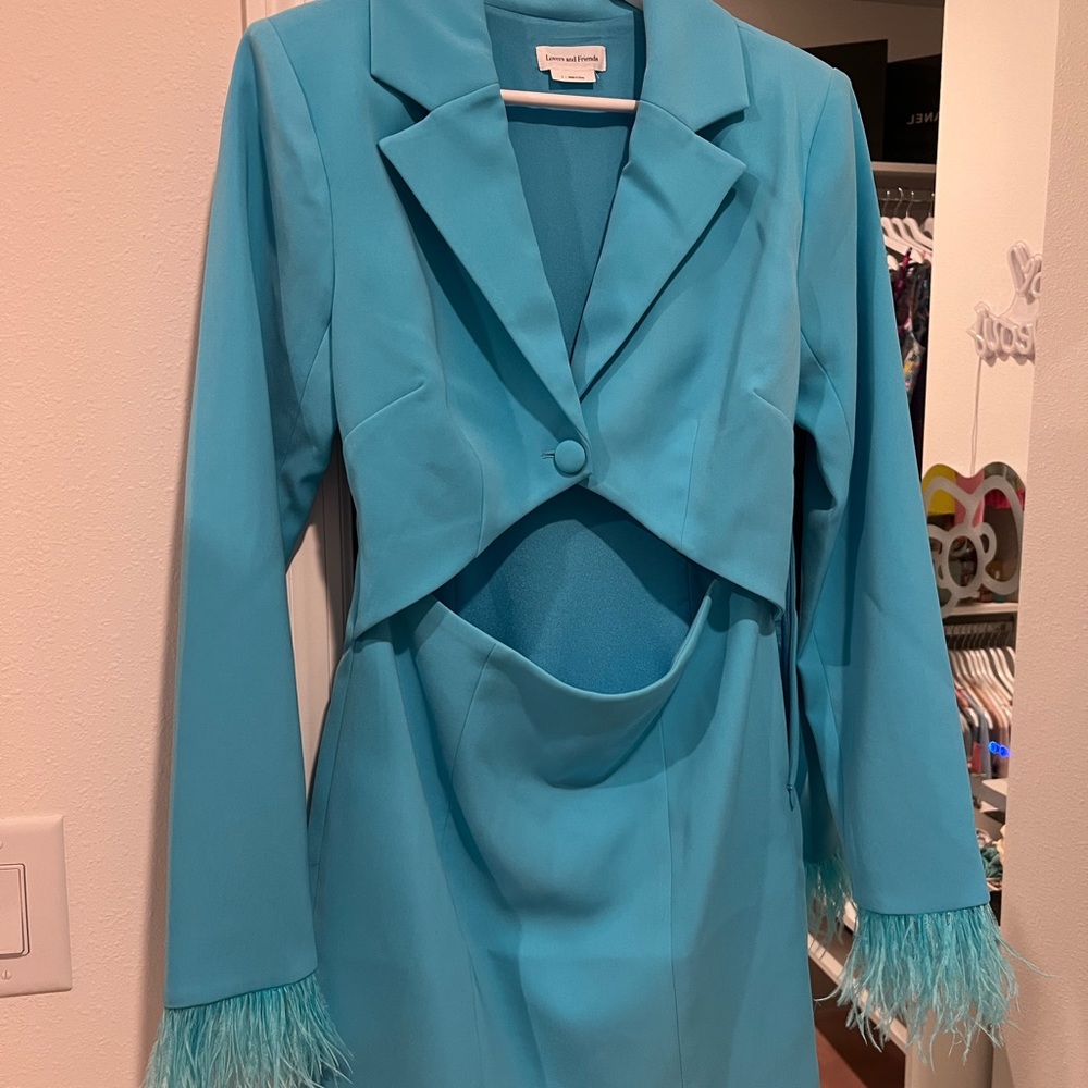 Lovers + Friends blue blazer dress with feathers - S